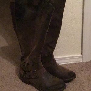 Sueded brown mid calf boots